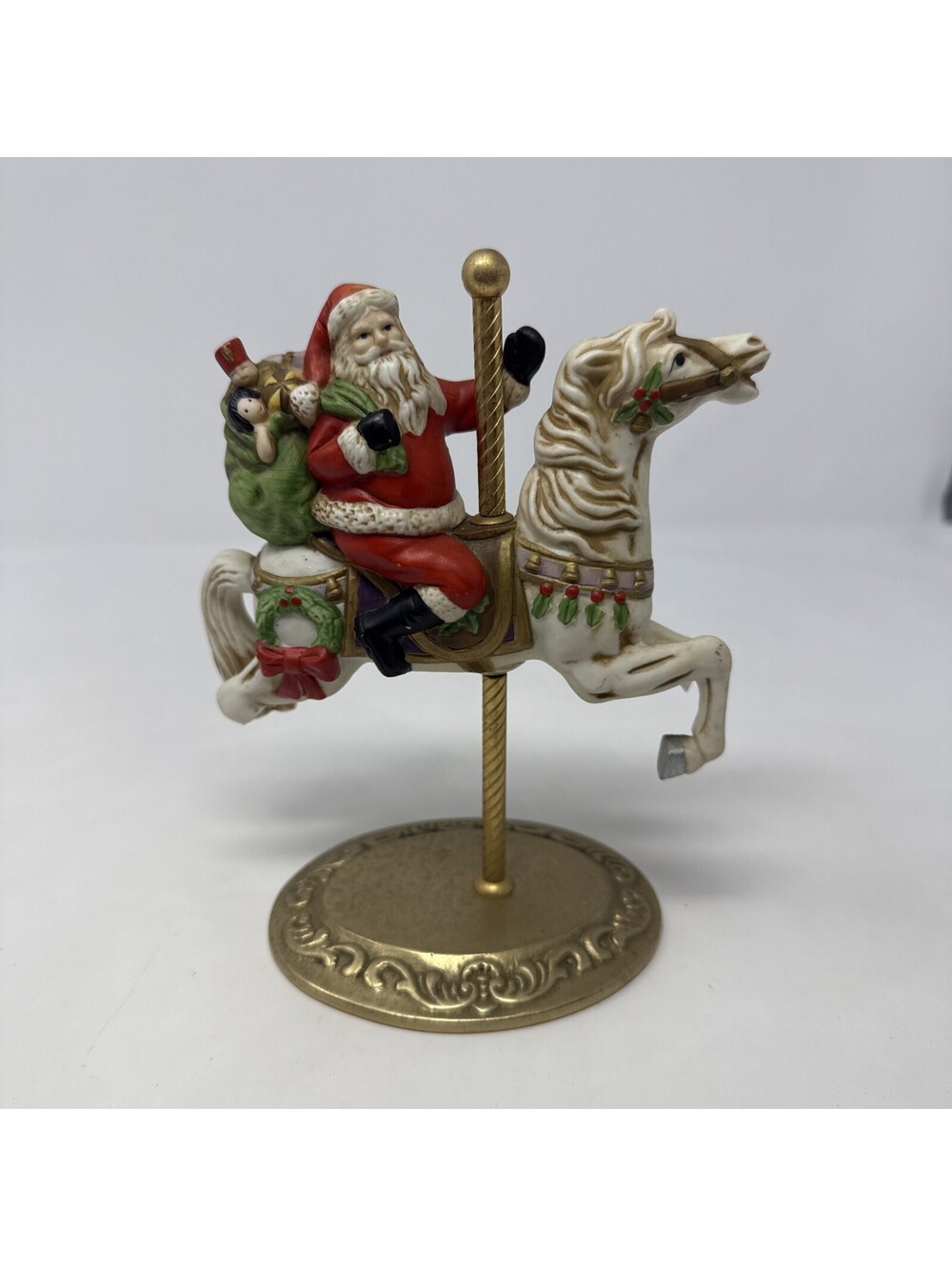 Vintage Homco 5117 Santa on Carousel Horse Christmas Figurine Brass Stand Decor